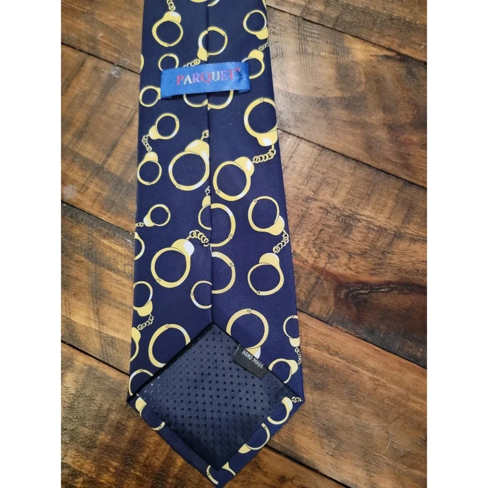 Parquet Navy Blue Gold Handcuff‎ Print Silk Blend Necktie